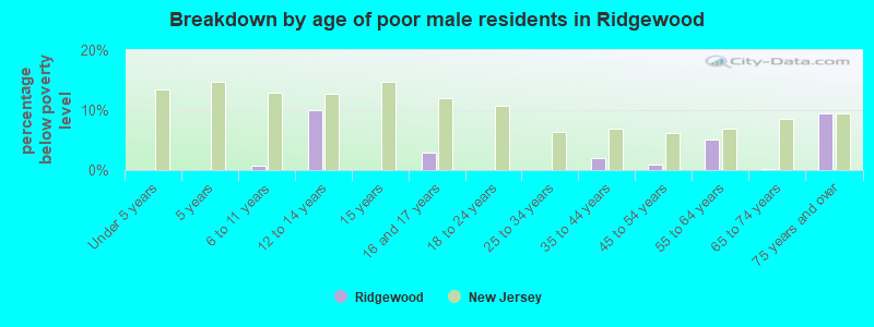 Breakdown by age of poor male residents in Ridgewood