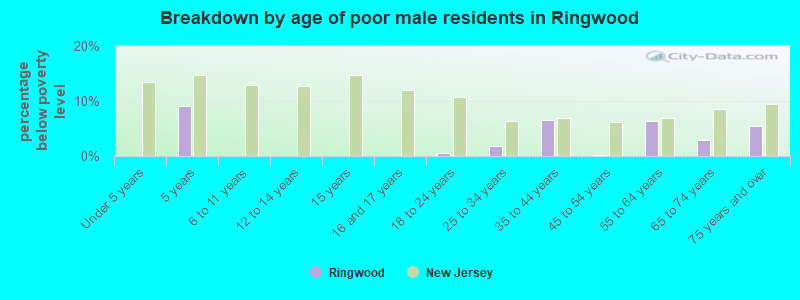 Breakdown by age of poor male residents in Ringwood