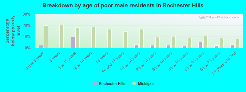 Breakdown by age of poor male residents in Rochester Hills