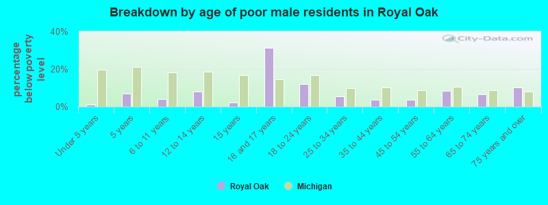 Breakdown by age of poor male residents in Royal Oak