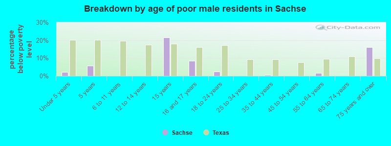 Breakdown by age of poor male residents in Sachse