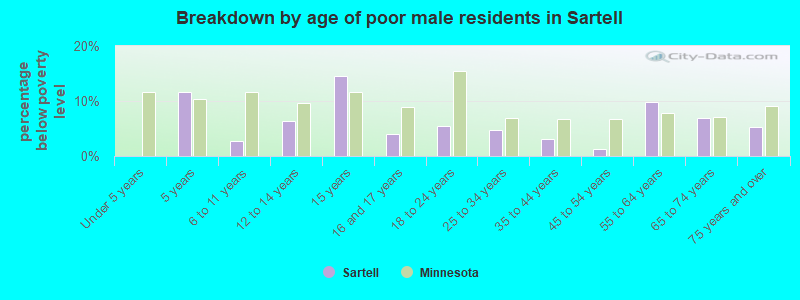 Breakdown by age of poor male residents in Sartell