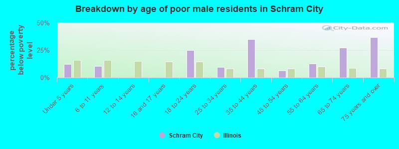 Breakdown by age of poor male residents in Schram City