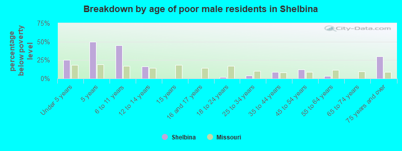 Breakdown by age of poor male residents in Shelbina