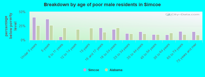 Breakdown by age of poor male residents in Simcoe