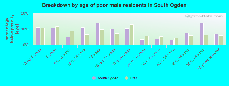 Breakdown by age of poor male residents in South Ogden