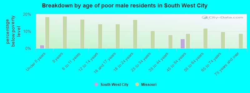 Breakdown by age of poor male residents in South West City