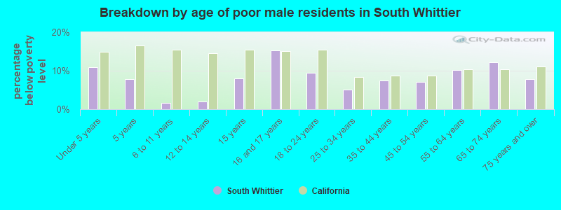 Breakdown by age of poor male residents in South Whittier