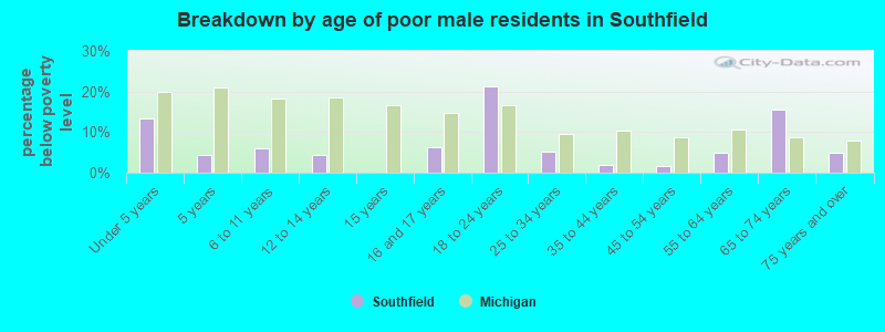Breakdown by age of poor male residents in Southfield