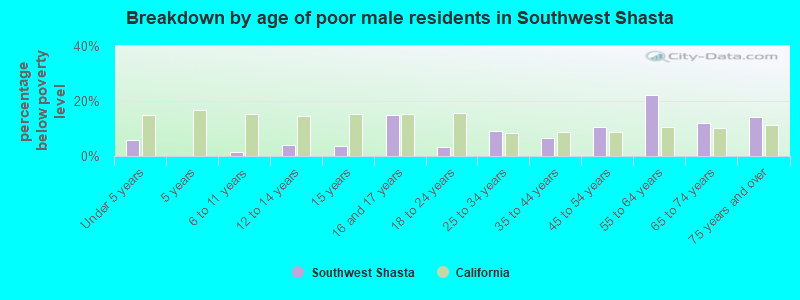 Breakdown by age of poor male residents in Southwest Shasta