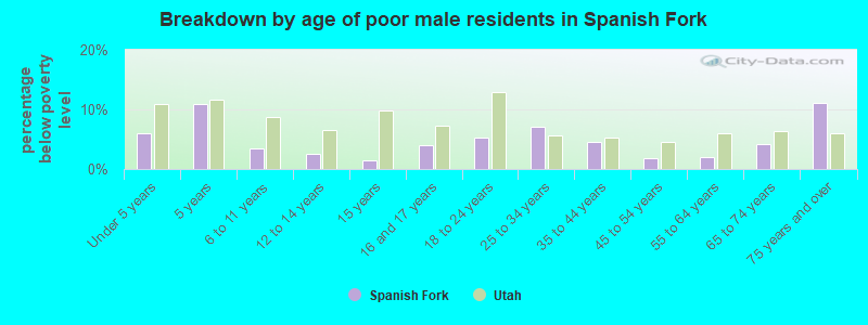 Breakdown by age of poor male residents in Spanish Fork