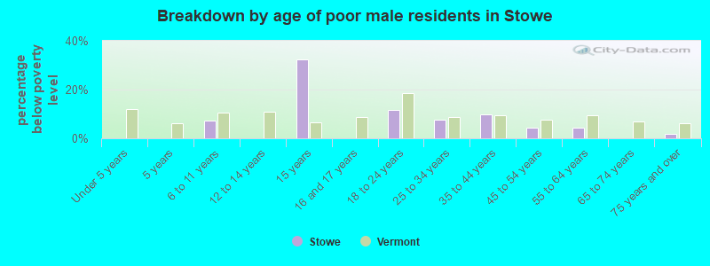 Breakdown by age of poor male residents in Stowe