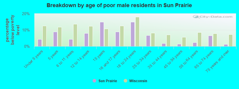 Breakdown by age of poor male residents in Sun Prairie