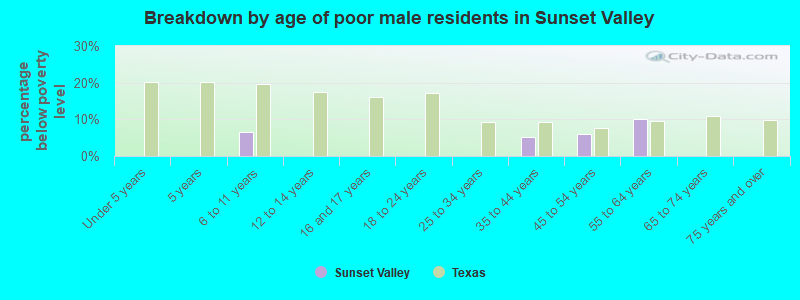 Breakdown by age of poor male residents in Sunset Valley