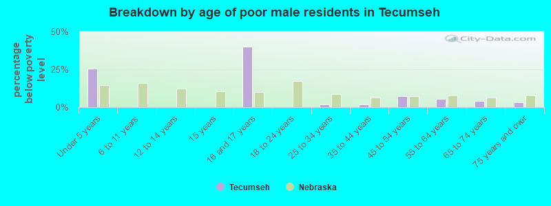 Breakdown by age of poor male residents in Tecumseh