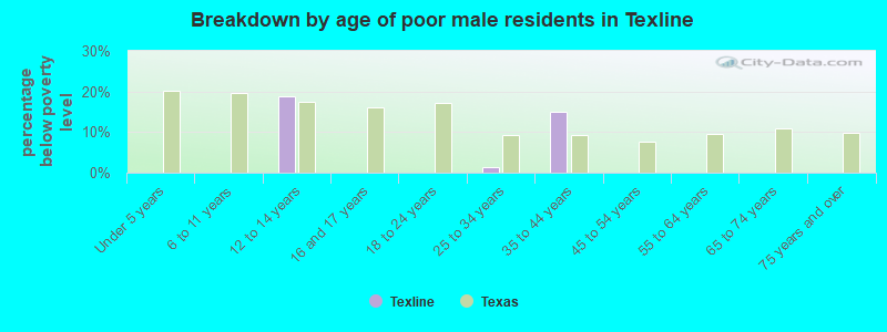 Breakdown by age of poor male residents in Texline