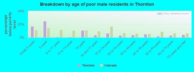 Breakdown by age of poor male residents in Thornton
