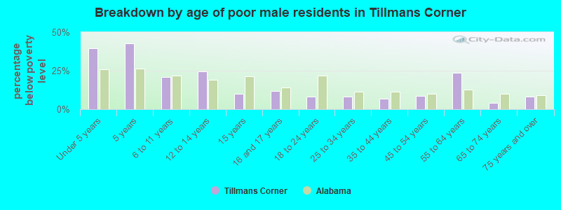 Breakdown by age of poor male residents in Tillmans Corner