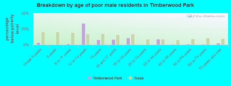 Breakdown by age of poor male residents in Timberwood Park