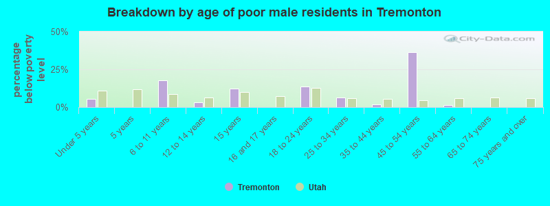 Breakdown by age of poor male residents in Tremonton