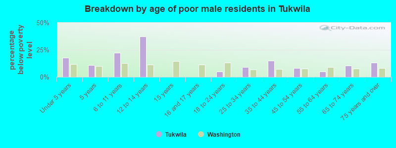 Breakdown by age of poor male residents in Tukwila