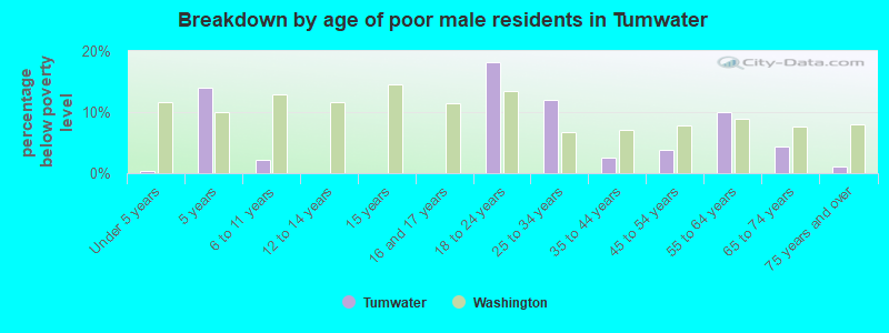 Breakdown by age of poor male residents in Tumwater
