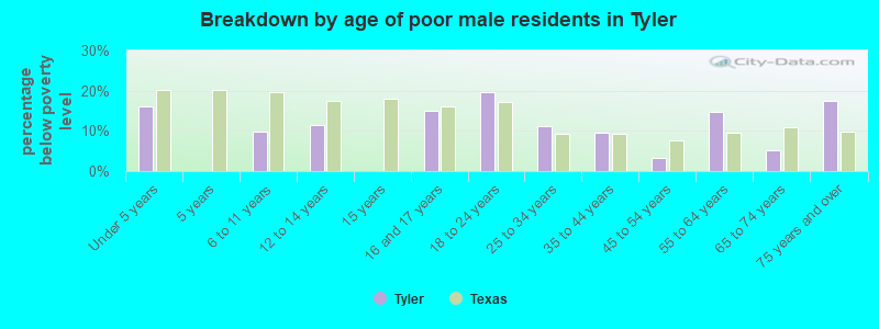 Breakdown by age of poor male residents in Tyler