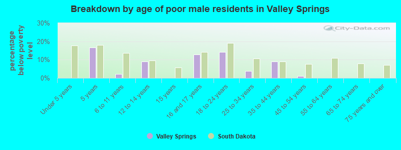 Breakdown by age of poor male residents in Valley Springs