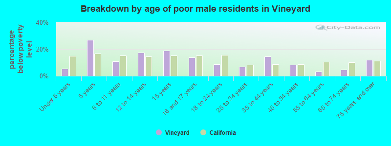 Breakdown by age of poor male residents in Vineyard