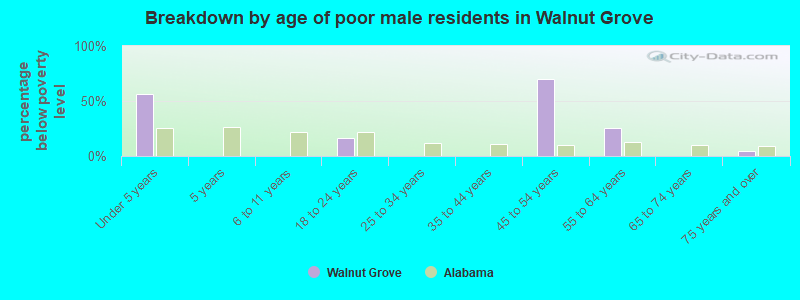 Breakdown by age of poor male residents in Walnut Grove