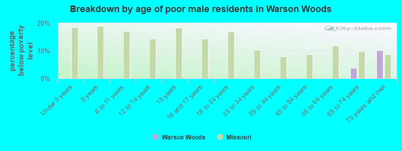 Breakdown by age of poor male residents in Warson Woods