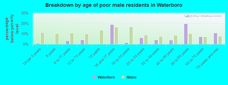 Breakdown by age of poor male residents in Waterboro