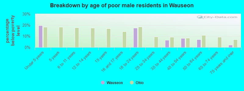 Breakdown by age of poor male residents in Wauseon