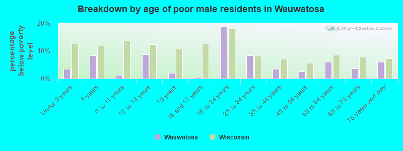 Breakdown by age of poor male residents in Wauwatosa