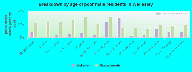 Breakdown by age of poor male residents in Wellesley