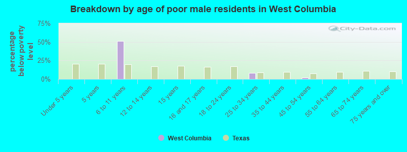 Breakdown by age of poor male residents in West Columbia