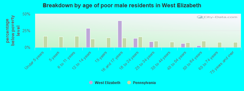 Breakdown by age of poor male residents in West Elizabeth