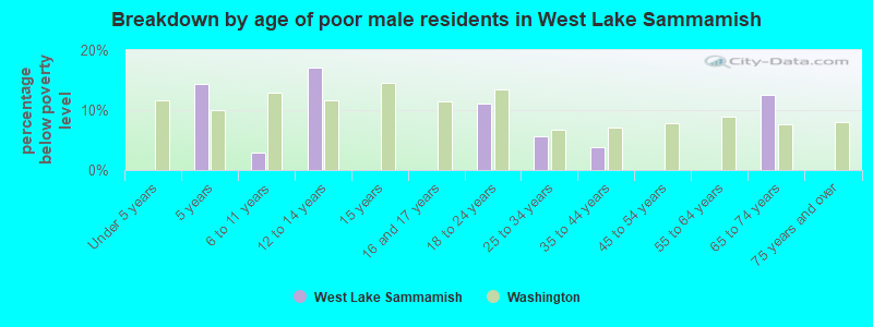 Breakdown by age of poor male residents in West Lake Sammamish