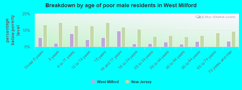Breakdown by age of poor male residents in West Milford