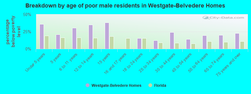 Breakdown by age of poor male residents in Westgate-Belvedere Homes