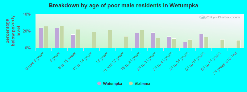 Breakdown by age of poor male residents in Wetumpka