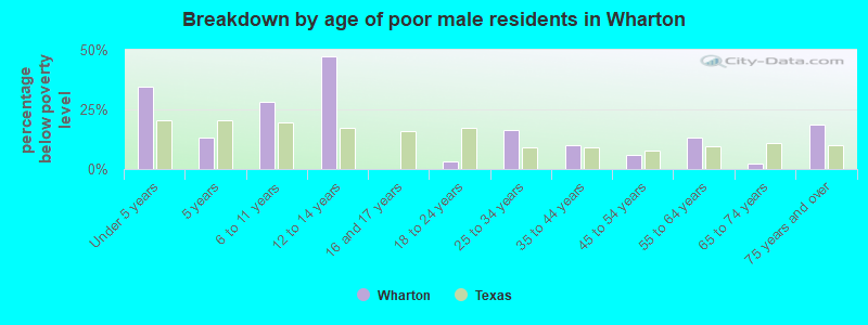 Breakdown by age of poor male residents in Wharton