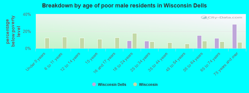 Breakdown by age of poor male residents in Wisconsin Dells