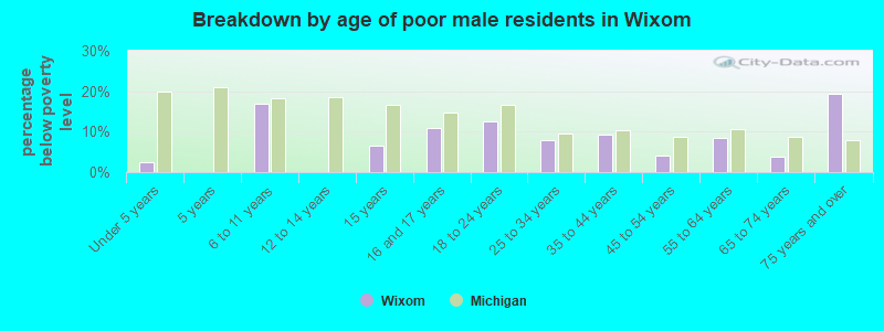 Breakdown by age of poor male residents in Wixom