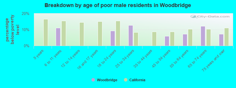 Breakdown by age of poor male residents in Woodbridge