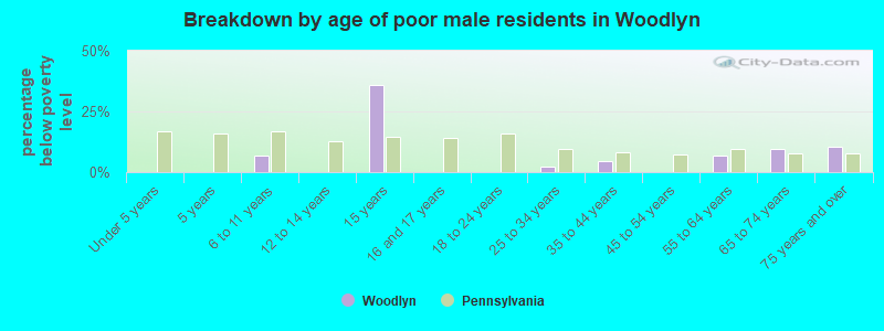 Breakdown by age of poor male residents in Woodlyn