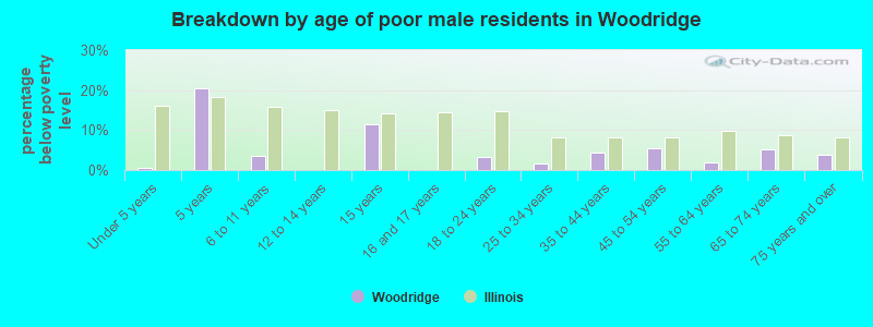 Breakdown by age of poor male residents in Woodridge