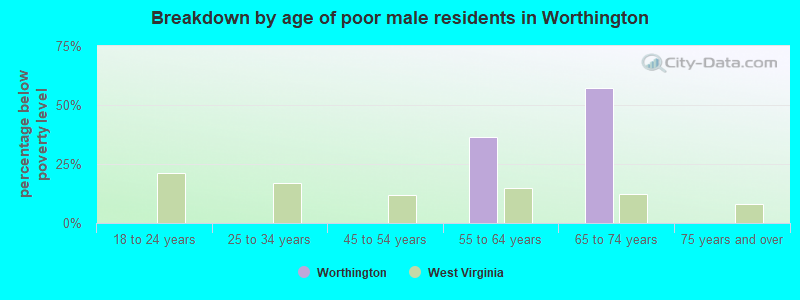 Breakdown by age of poor male residents in Worthington