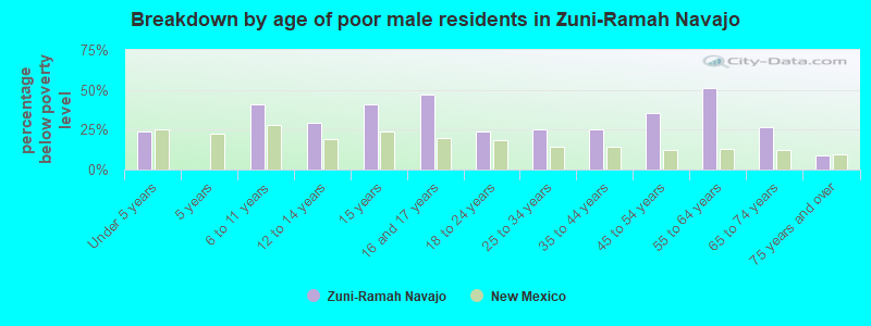 Breakdown by age of poor male residents in Zuni-Ramah Navajo