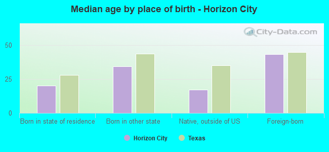 Median age by place of birth - Horizon City